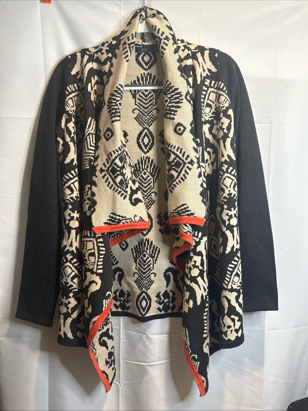 THML Black, Cream and Orange Open-Front Aztec Knit Cardigan